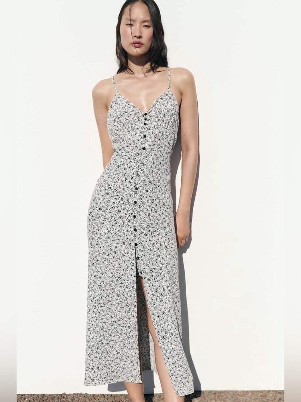 Zara White&Black Floral Spaghetti Braided Strap Button Front Midi Dress Small